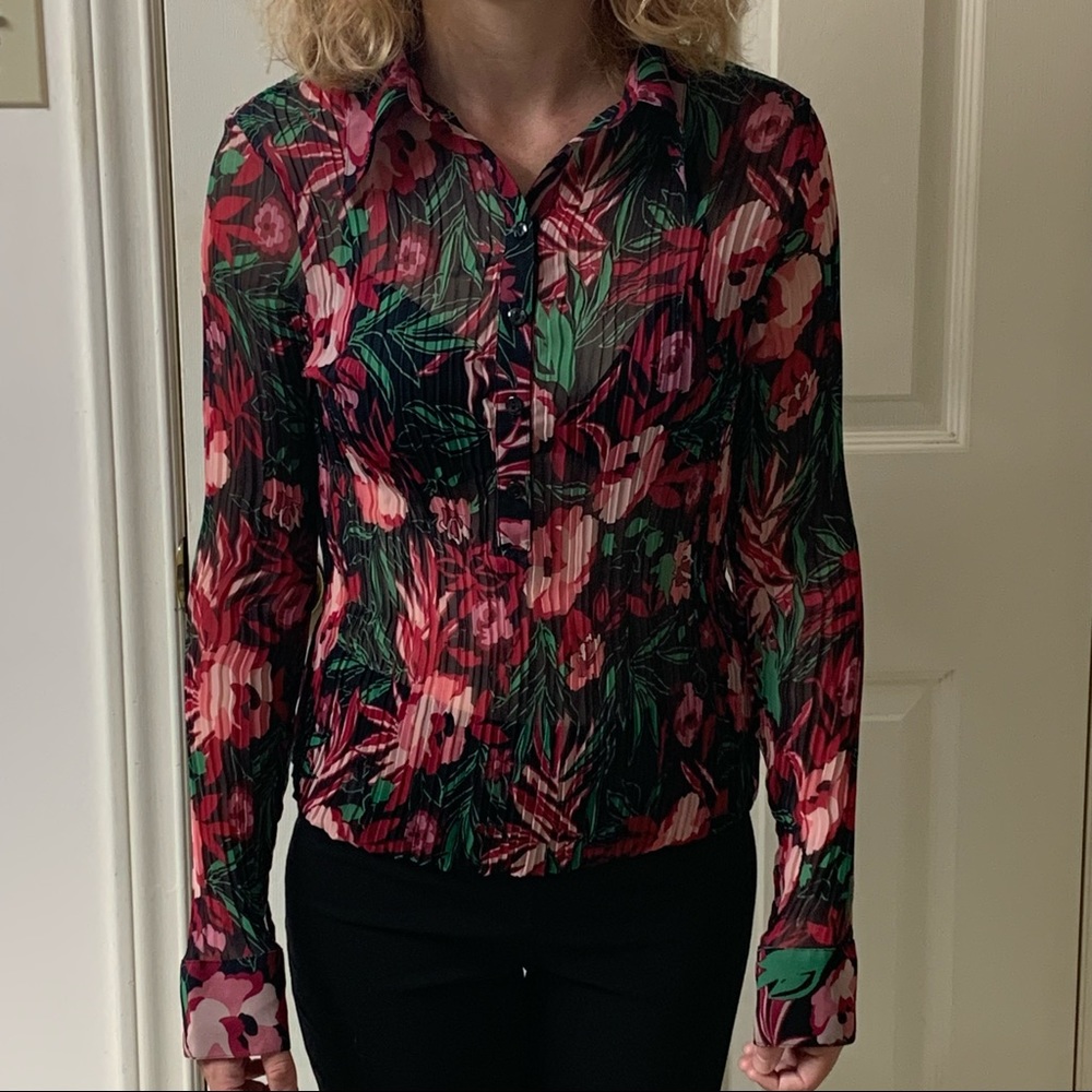 🌷3 for $25🌷Claudia Richard, US L, Semi Sheer Floral Pleated Button Down Blouse